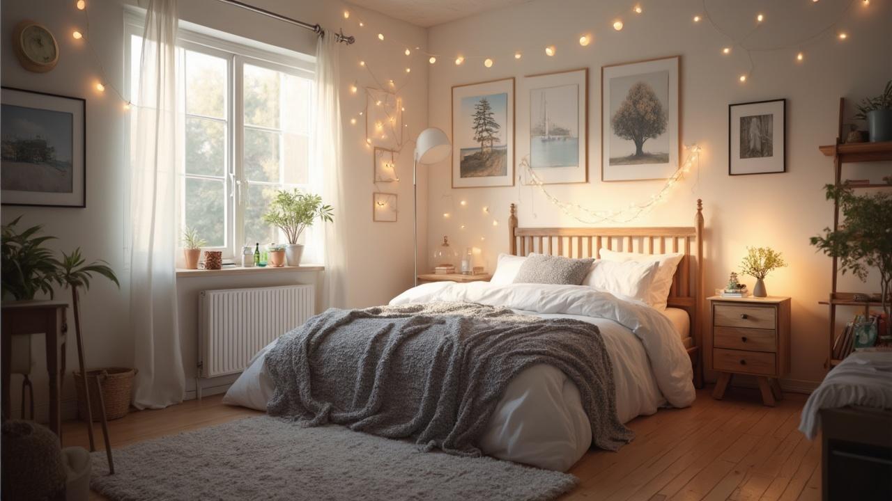 Une chambre à coucher confortable avec des éclairages doux et un décor rustique.