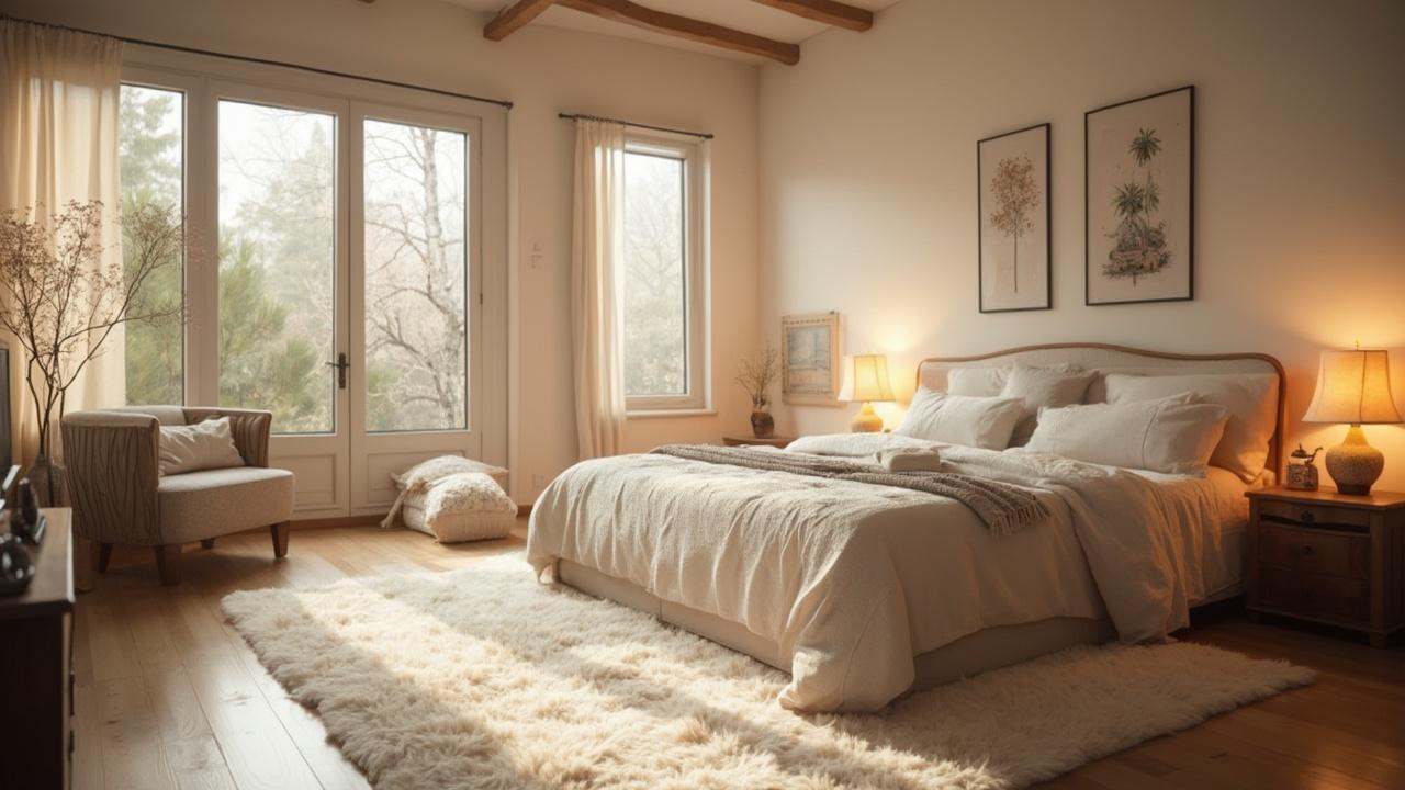 Chambre à coucher spacieuse avec grandes fenêtres, lit moelleux et tapis.