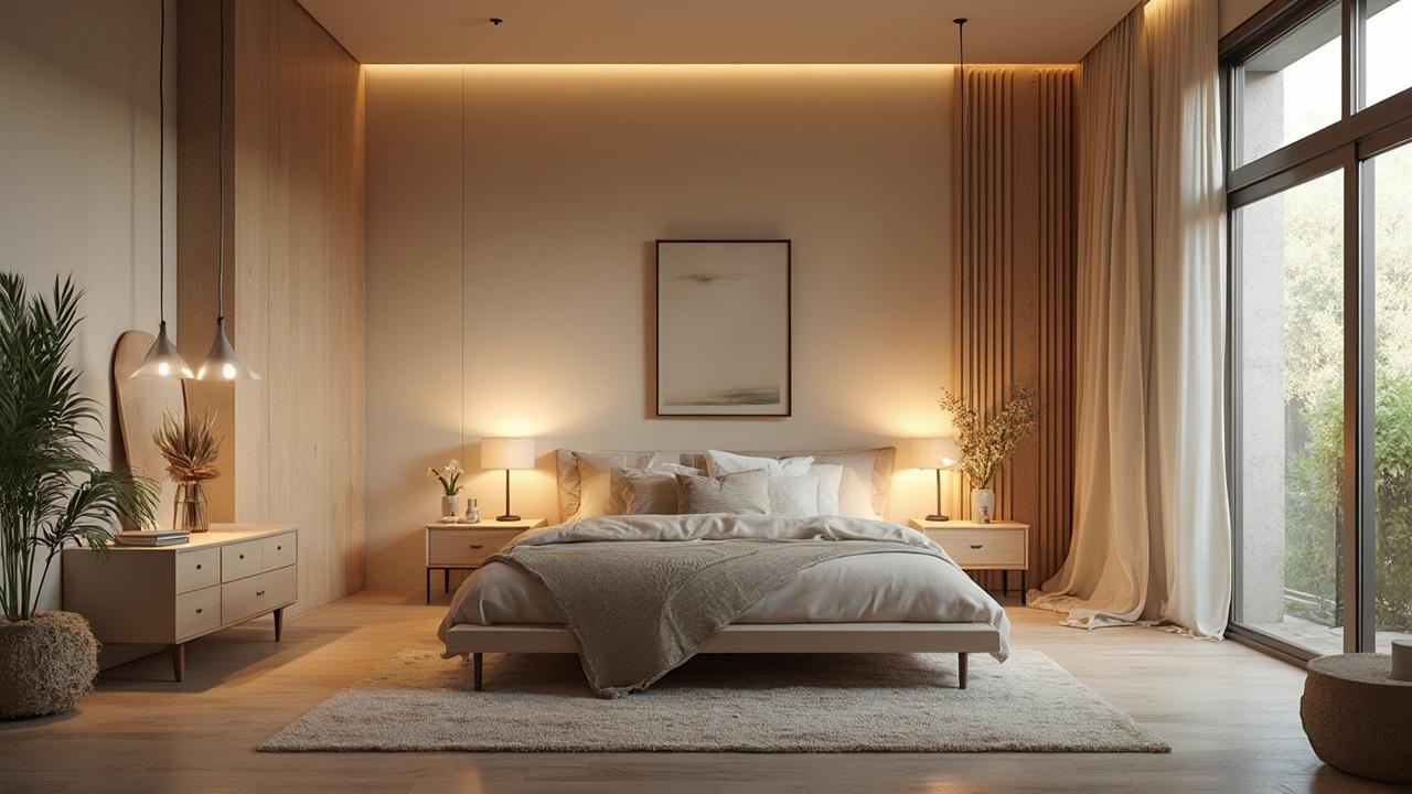 Intérieur de chambre à coucher moderne avec meubles en bois et éclairage tamisé