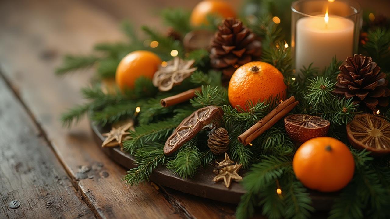 Composition rustique d'éléments traditionnels de Noël sur une table en bois.