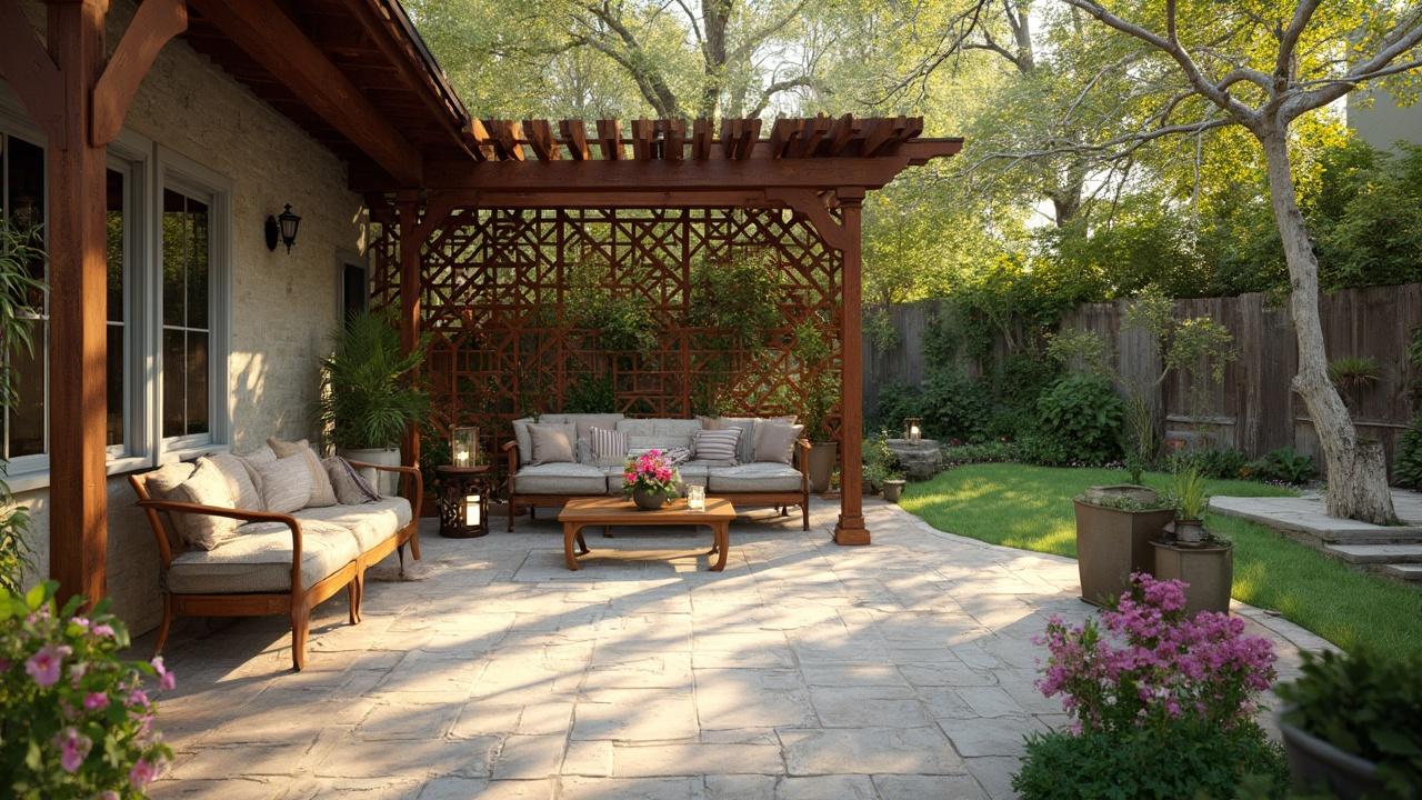 Magnifique patio en pierre avec mobilier confortable et pergola en bois.