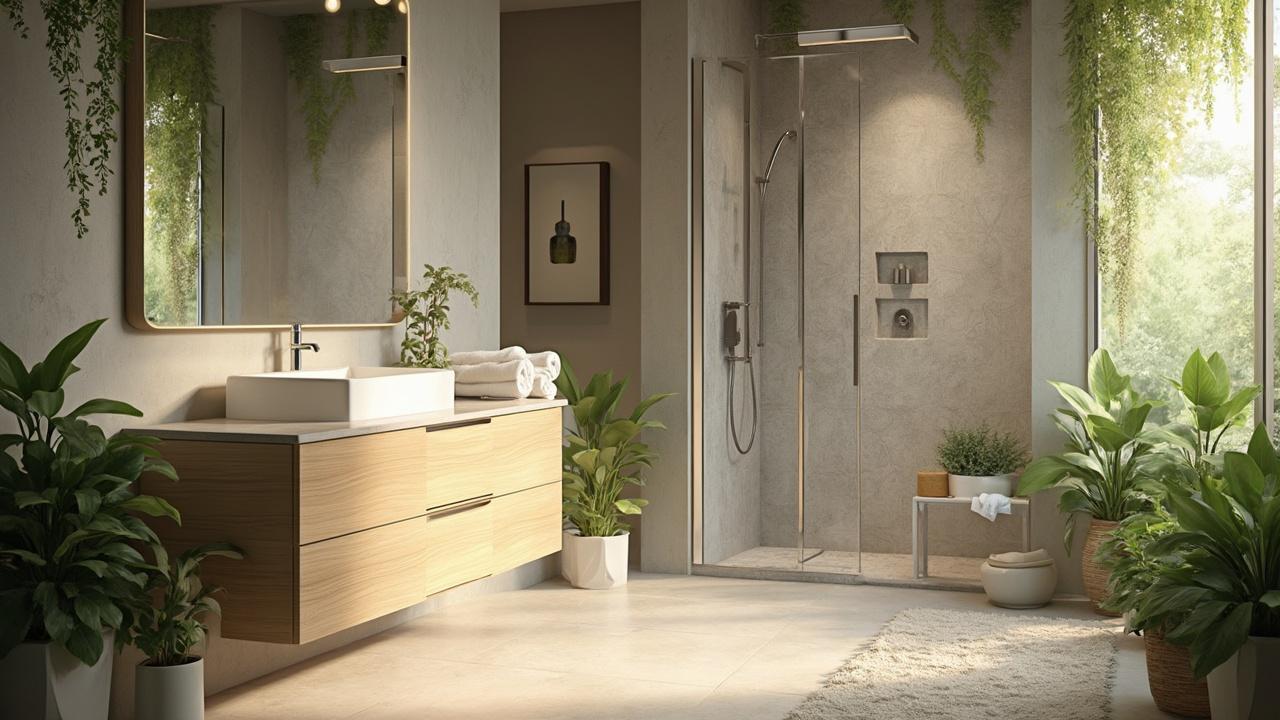 Salle de bain moderne avec douche, meuble en bois et plantes vertes