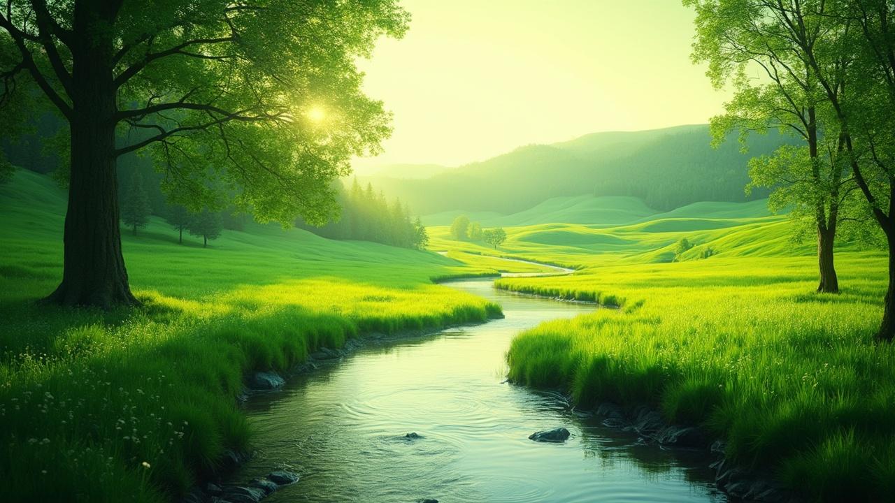 Champ verdoyant avec rivière, arbres et collines boisées sous le soleil