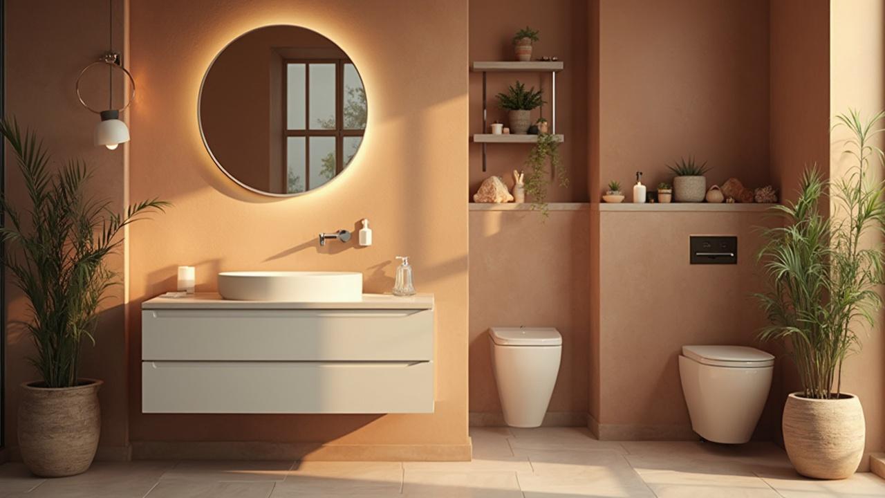 Salle de bain avec miroir rond lumineux et décoration végétale