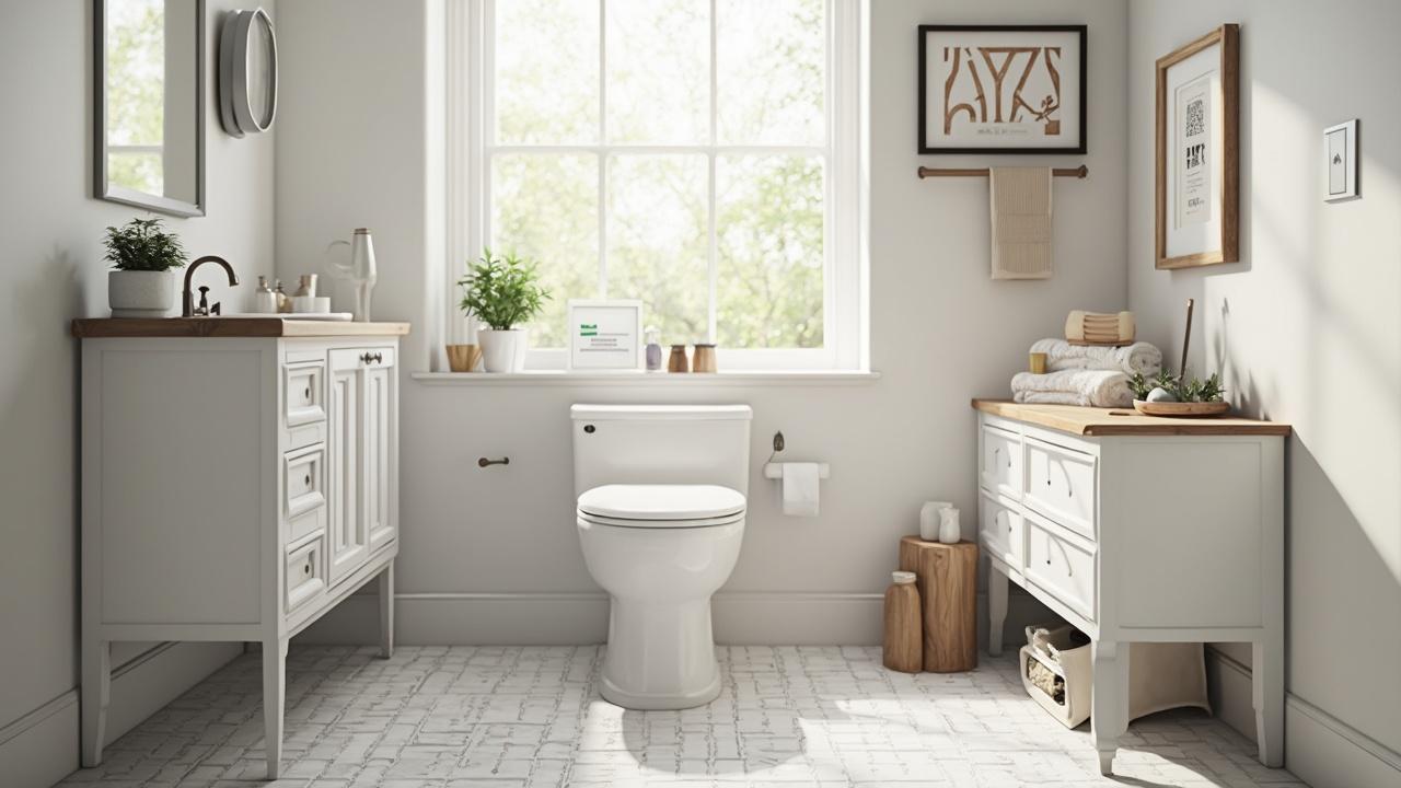 Salle de bain avec mobilier blanc, accents en bois, fenêtre donnant sur la nature