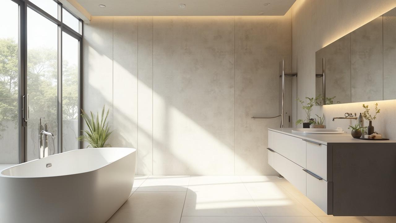 Une salle de bain spacieuse et lumineuse avec une baignoire blanche, un meuble de rangement et des plantes.