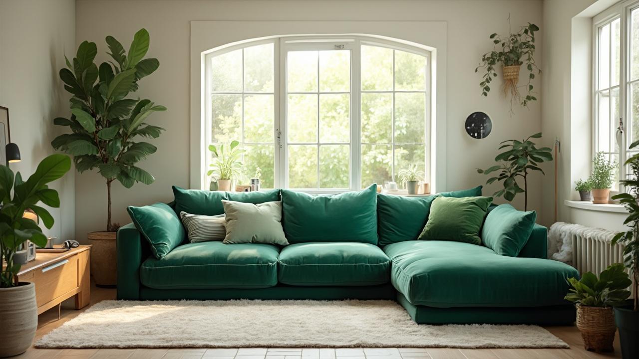 Intérieur de salon avec canapé vert et plantes d'intérieur