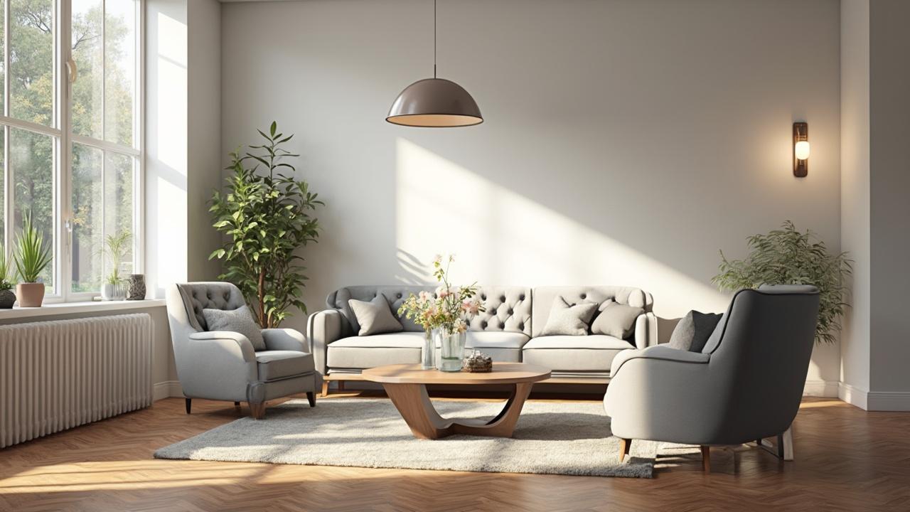 Intérieur moderne avec canapé gris, table basse en bois et plantes vertes