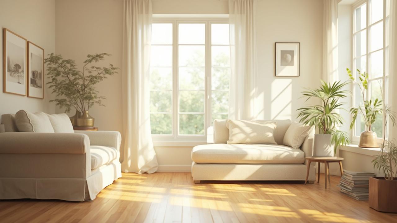 Intérieur lumineux et spacieux avec canapé, plantes d'intérieur et grandes fenêtres.