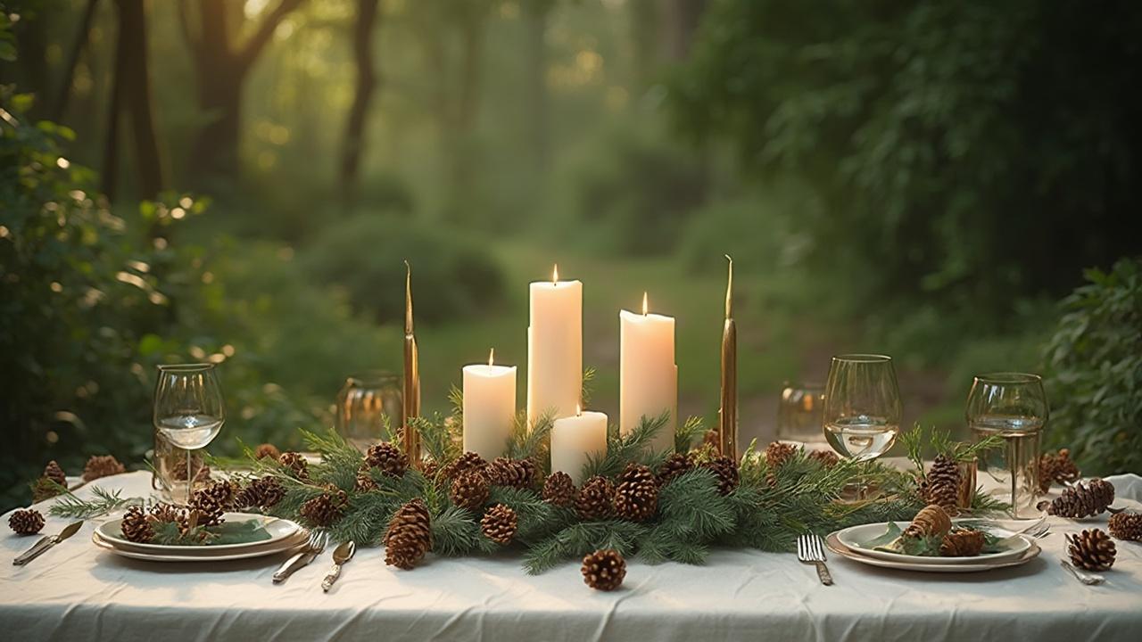 Table dressée avec bougies, branches de sapin et pommes de pin