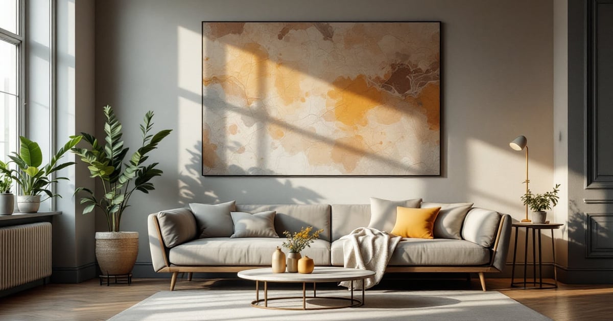 Déco murale salon moderne avec compositions artistiques encadrées sur mur blanc épuré