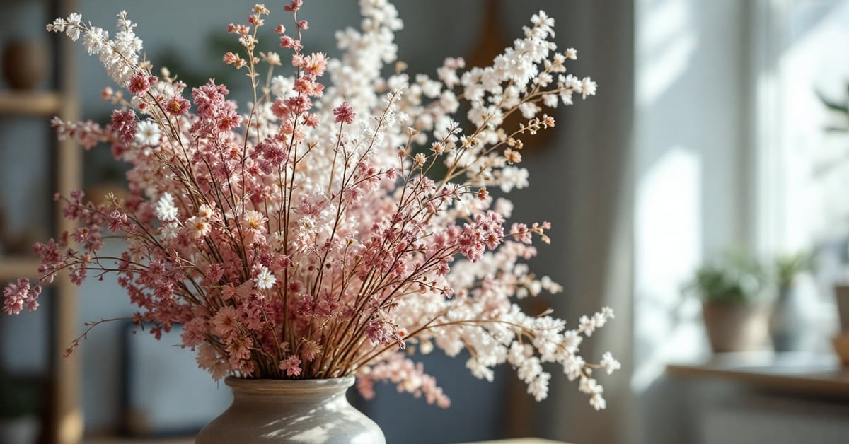 Bouquet de fleurs séchées dans un vase moderne sur une table, lumière naturelle, décoration intérieure