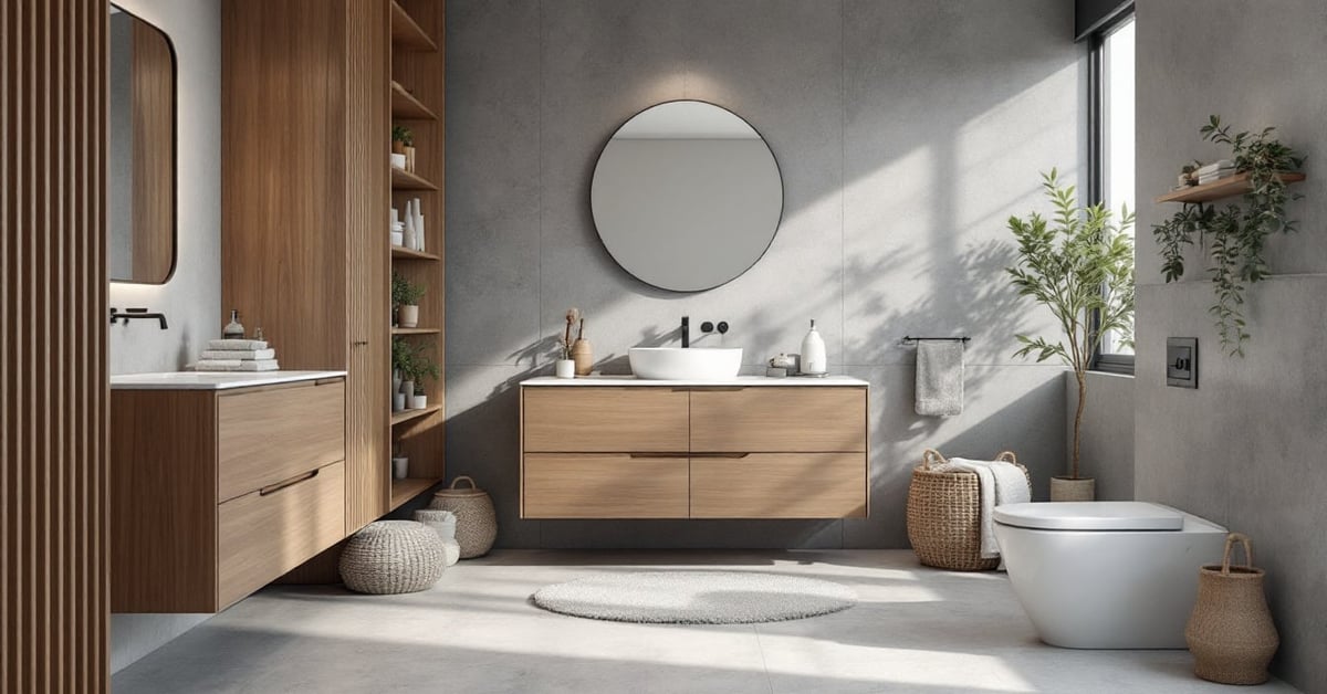 Salle de bain moderne et fonctionnelle avec meuble vasque, miroir et rangements bien agencés