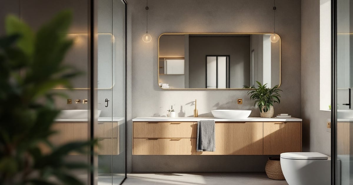 Meuble de salle de bain moderne en bois clair avec vasque blanche dans une salle de bain épurée