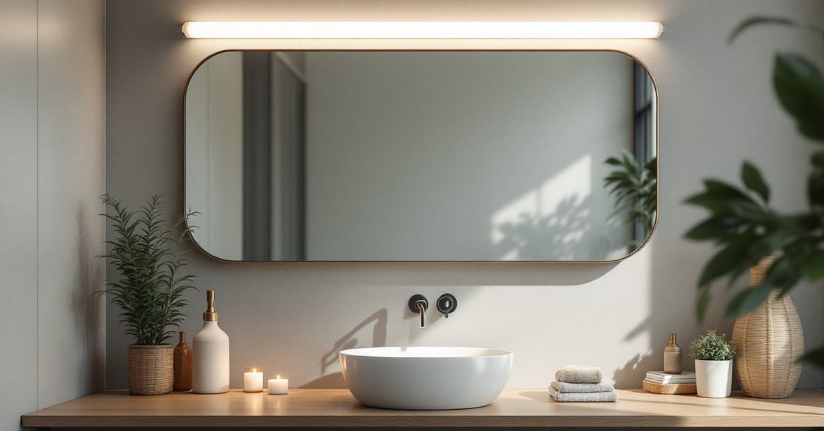 Miroir pour salle de bain moderne fixé au mur dans une salle de bain lumineuse et épurée