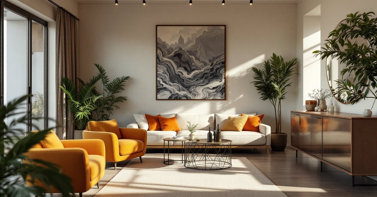 Tableau déco salon accroché au mur dans un intérieur moderne et lumineux