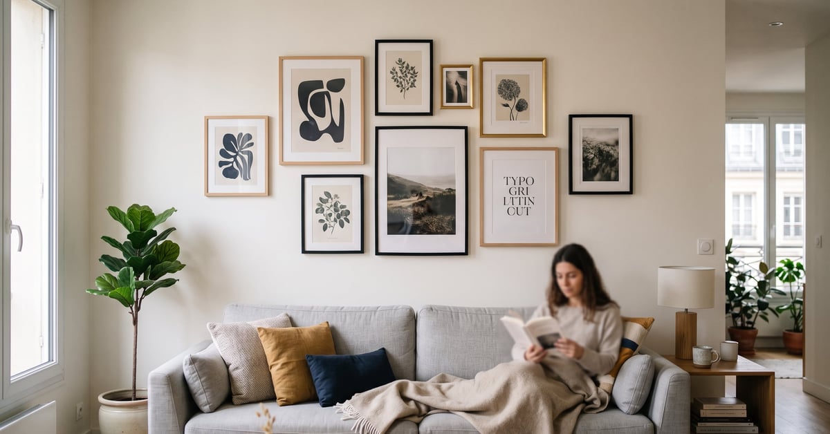 Cadre déco salon moderne en bois naturel accroché sur un mur blanc épuré