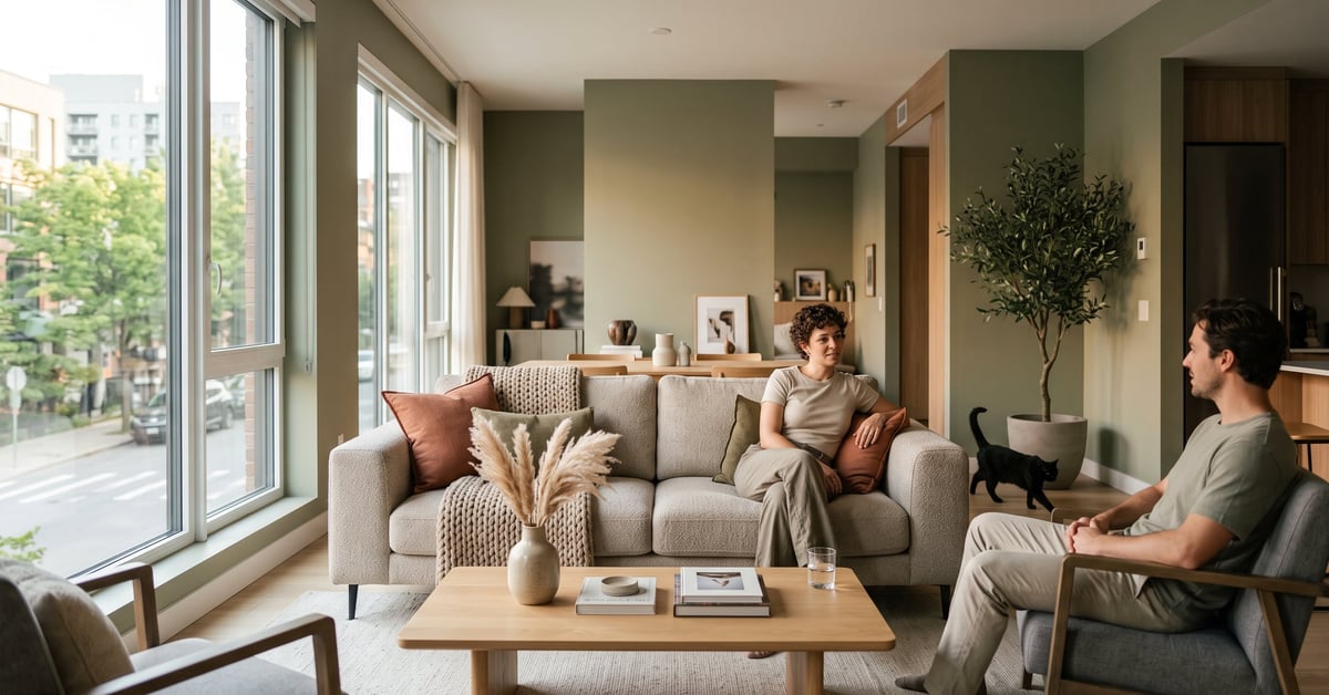 Salon moderne aux couleurs tendance 2025 : tons chauds et naturels pour une décoration intérieure élégante