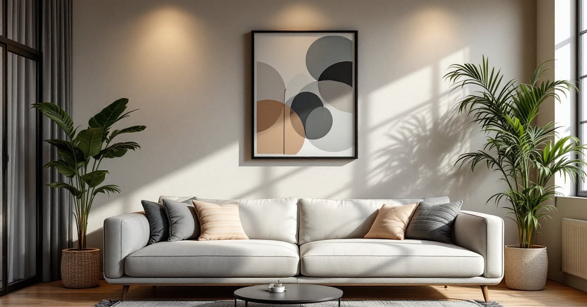 Déco murale salon tendance avec panneaux graphiques et touches végétales dans un intérieur moderne