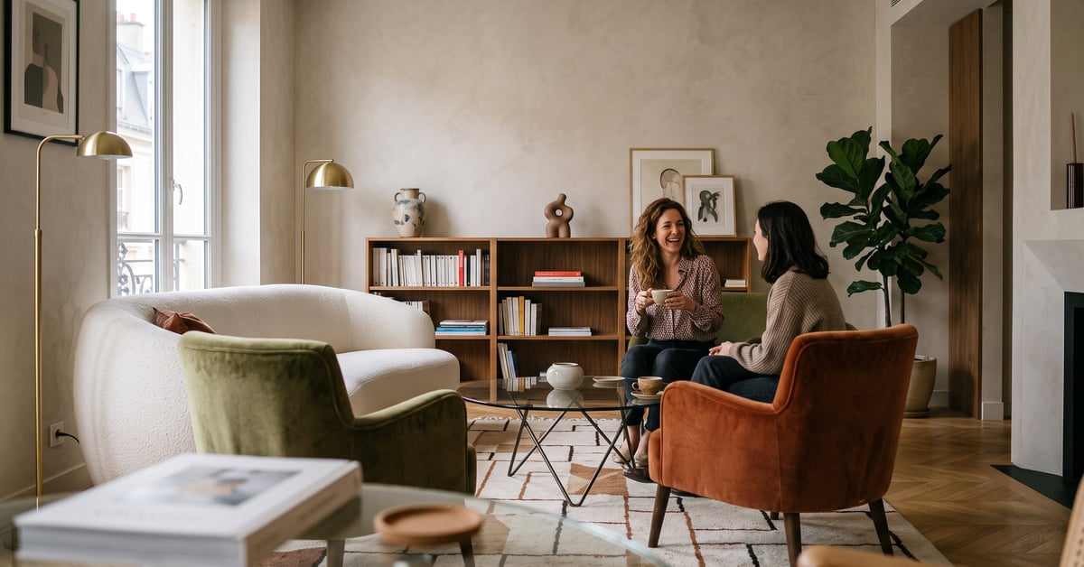 Deco salon interieur moderne avec canapé élégant, mobilier contemporain et lumière naturelle chaleureuse