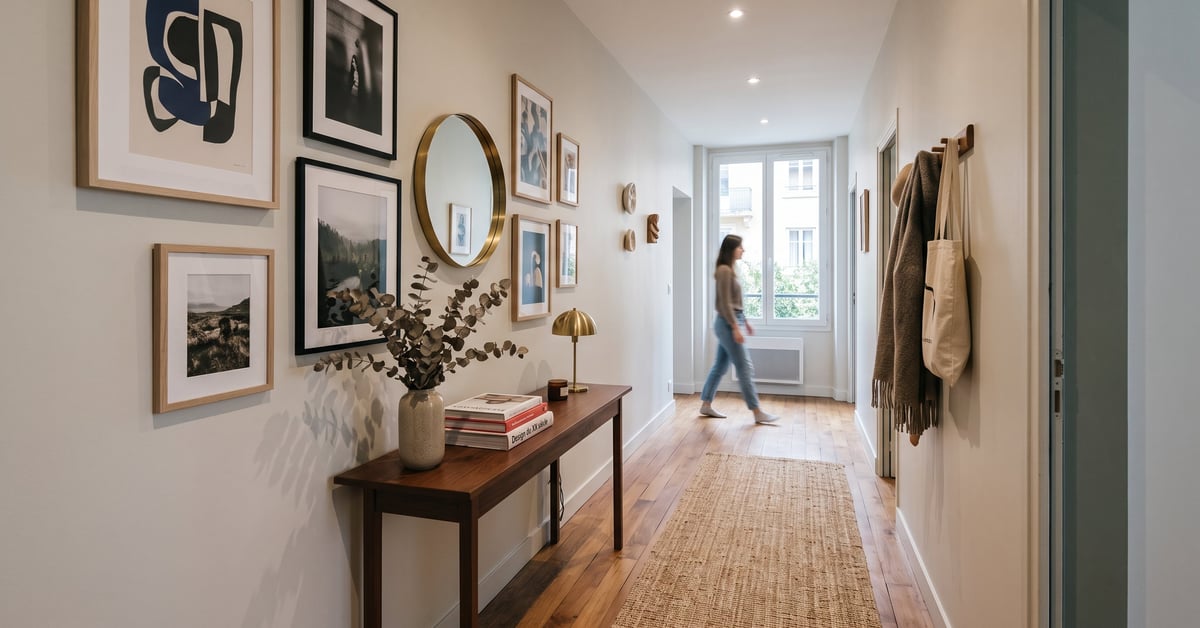 Idées décoration couloir moderne avec miroir, console et plantes — aménagement élégant et fonctionnel