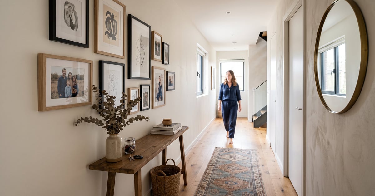 Couloir étroit décoré avec style : miroir, étagères et tons neutres pour agrandir l'espace