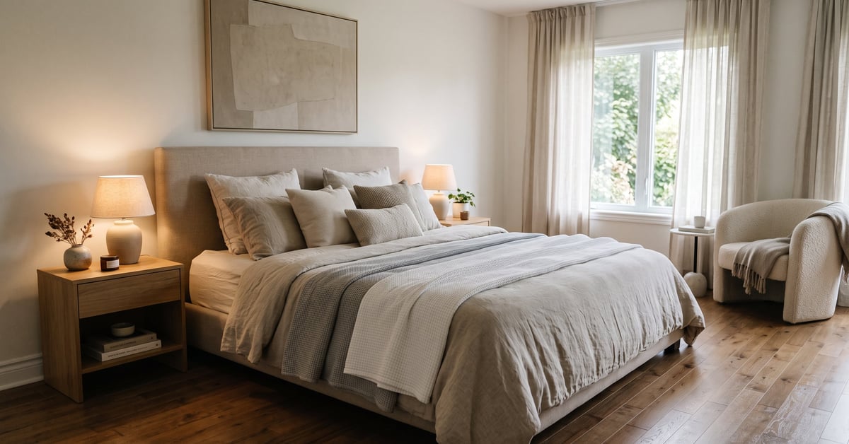 Chambre parentale élégante avec décoration moderne, literie neutre et ambiance cosy — idées décoration chambre parentale