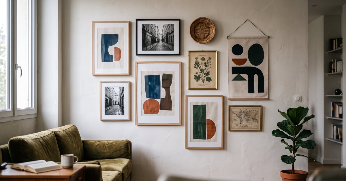 Idées décoration murale salon avec tableau, étagères et plantes dans un intérieur moderne