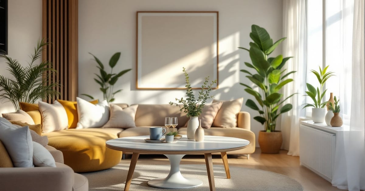 Table de salon tendance en bois naturel dans un intérieur moderne et épuré