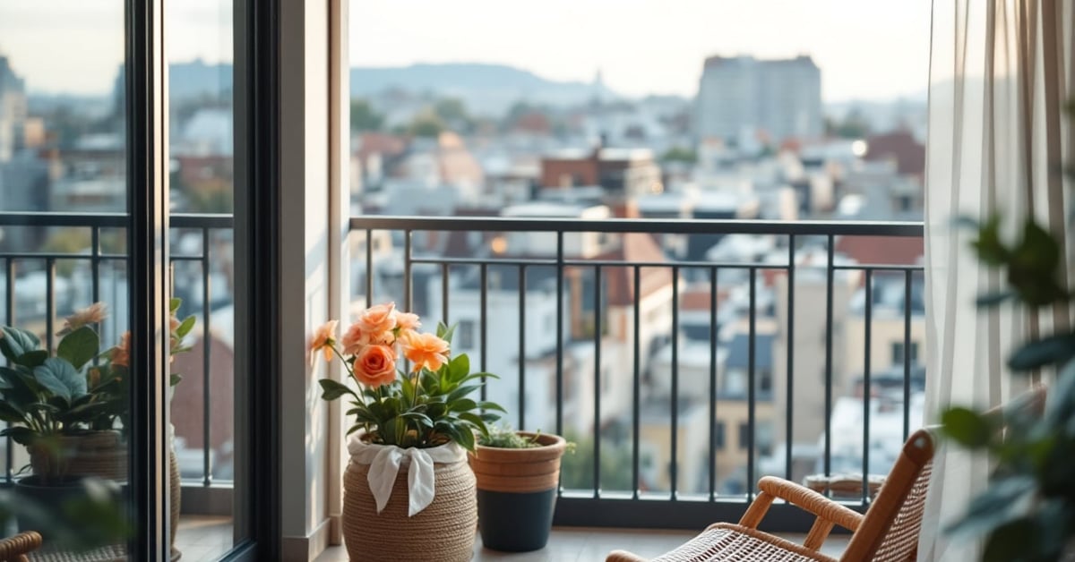 Balcon décoré avec des plantes, mobilier cosy et accessoires tendance — idées décoration balcon