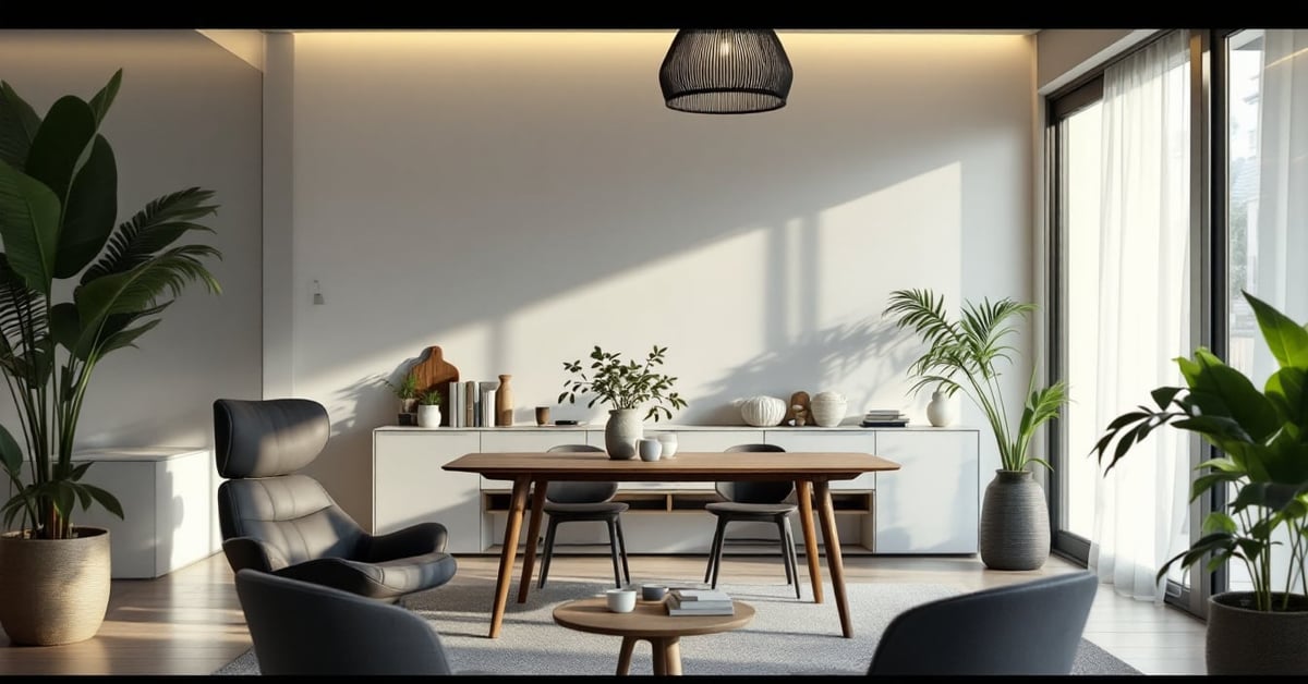 Idées décoration maison intérieur : salon moderne lumineux aux tons neutres et touches naturelles