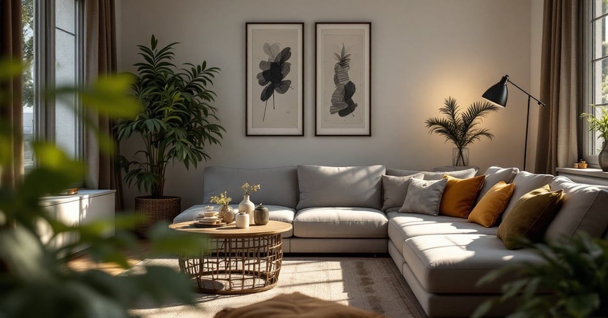 Idées décoration séjour moderne avec canapé, plantes et touches de couleur naturelles